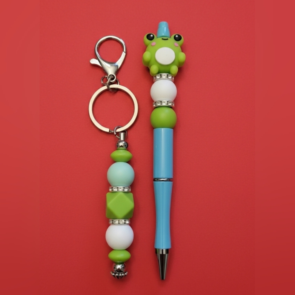 Kids Blue and Green Bead Pen with Keyring - Unbranded